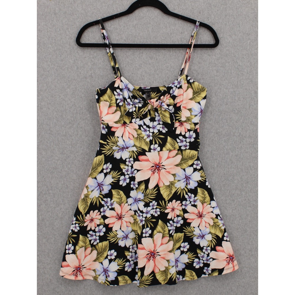 Forever 21 Floral Mini‎ Dress Black Pink Blue Tie Front Fit Flare Womens Medium